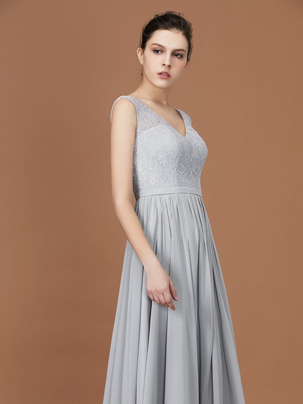 V-neck Floor-Length Chiffon Sleeveless A-Line/Princess Lace Bridesmaid Dress