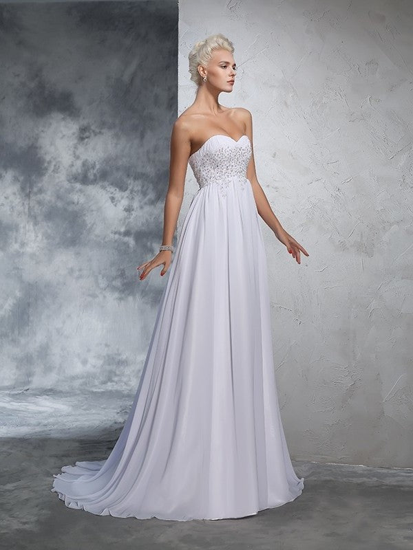 Sweetheart Sleeveless A-Line/Princess Long Beading Chiffon Wedding Dresses