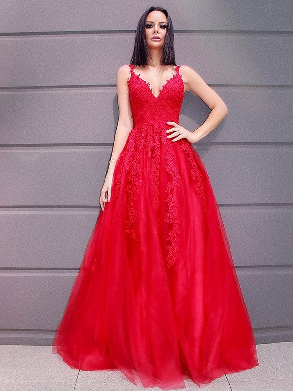 A-Line/Princess V-neck Floor-Length Tulle Applique Sleeveless Dresses