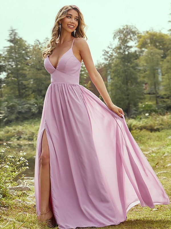 V-neck A-Line/Princess Sleeveless Ruffles Chiffon Floor-Length Bridesmaid Dresses