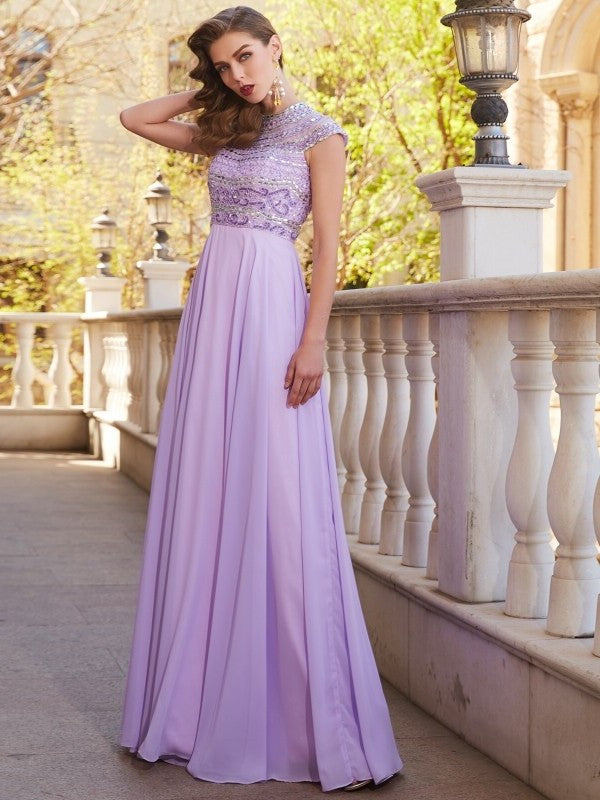 Short A-Line/Princess Scoop Floor-Length Sleeves Beading Chiffon Dresses