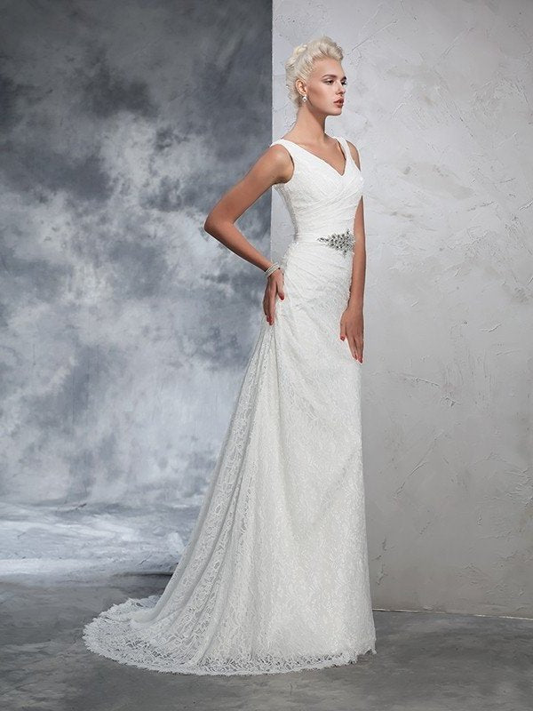 Trumpet/Mermaid Long Sleeveless Lace V-neck Lace Wedding Dresses