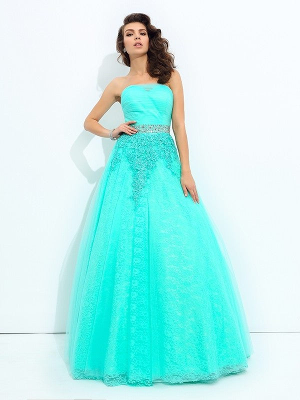 A-line/Princess Strapless Long Sleeveless Elastic Beading Woven Satin Dresses