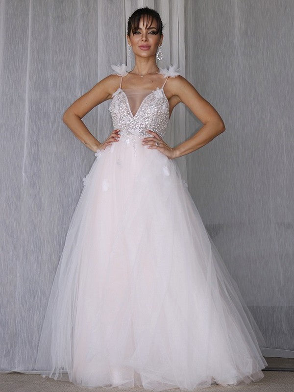 V-neck Sleeveless Tulle Beading A-Line/Princess Floor-Length Wedding Dresses