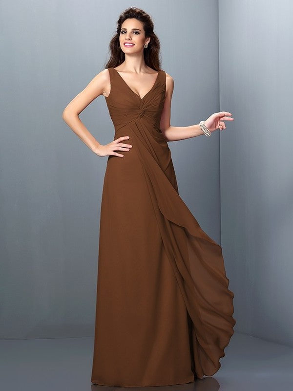 Straps Sleeveless A-Line/Princess Long Pleats Chiffon Bridesmaid Dresses