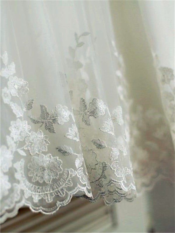 A-line/Princess Short Scoop Sleeves Lace Tea-Length Flower Girl Dresses