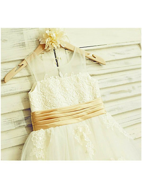 Sleeveless Tulle Lace Tea-Length Scoop A-line/Princess Flower Girl Dresses