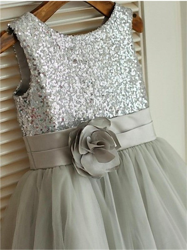 Tea-Length Tulle Sequin Sleeveless Scoop A-line/Princess Flower Girl Dresses