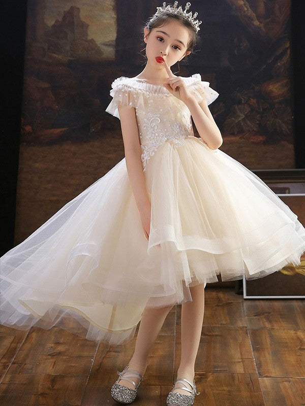 Tulle Sleeves A-Line/Princess Off-the-Shoulder Asymmetrical Applique Short Flower Girl Dresses