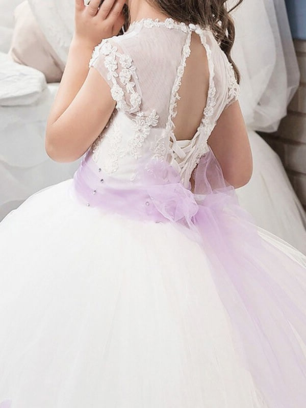 Jewel Sleeves Gown Tulle Floor-Length Short Sash/Ribbon/Belt Ball Flower Girl Dresses