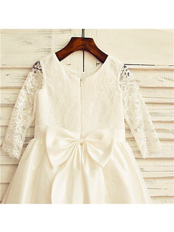 Lace Jewel Long Sleeves Tea-Length Satin A-line/Princess Flower Girl Dresses