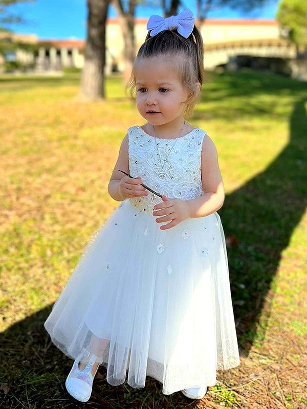 Sleeveless Scoop Bowknot Tulle Ankle-Length A-Line/Princess Flower Girl Dresses