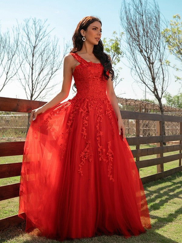 Tulle Applique A-Line/Princess Off-the-Shoulder Sleeveless Floor-Length Dresses