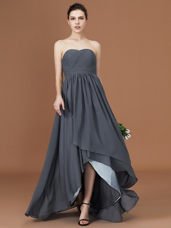 Asymmetrical A-Line/Princess Sleeveless Ruched Sweetheart Floor-Length Chiffon Bridesmaid Dresses