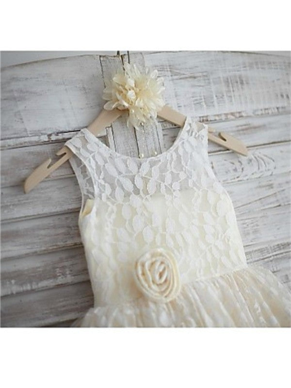 A-line/Princess Scoop Flower Hand-made Lace Tea-Length Sleeveless Flower Girl Dresses