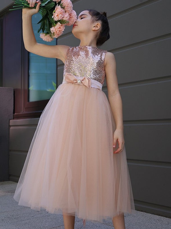 Sleeveless Tulle A-Line/Princess Scoop Bowknot Tea-Length Flower Girl Dresses