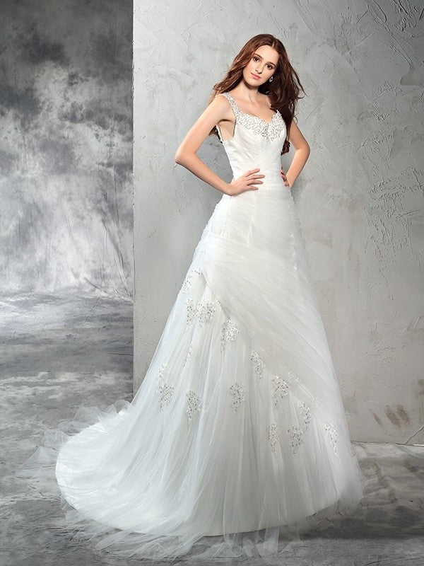 Straps Sleeveless Long Ball Gown Applique Net Wedding Dresses