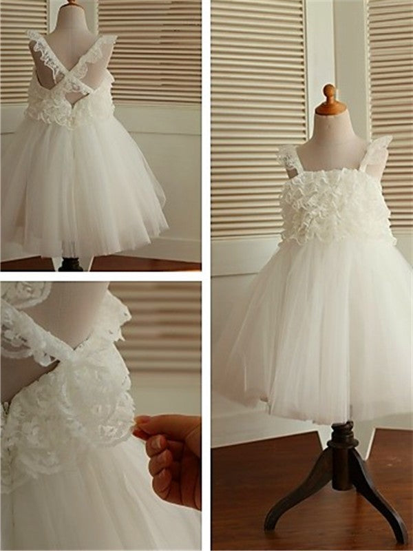 A-line/Princess Sleeveless Tea-Length Ruffles Organza Straps Flower Girl Dresses