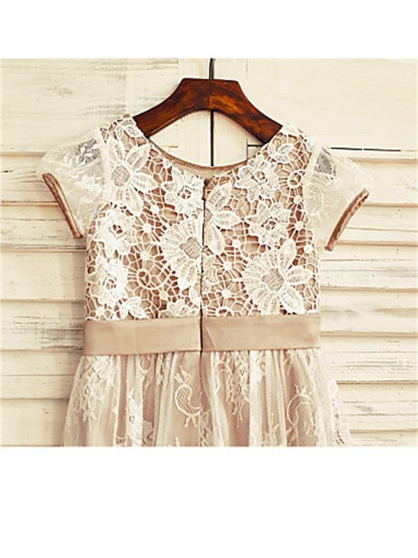 Lace Short Scoop Flower Hand-made A-line/Princess Sleeves Tea-Length Flower Girl Dresses