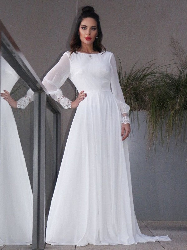 Sleeves Scoop Chiffon A-Line/Princess Sweep/Brush Ruffles Long Train Wedding Dresses