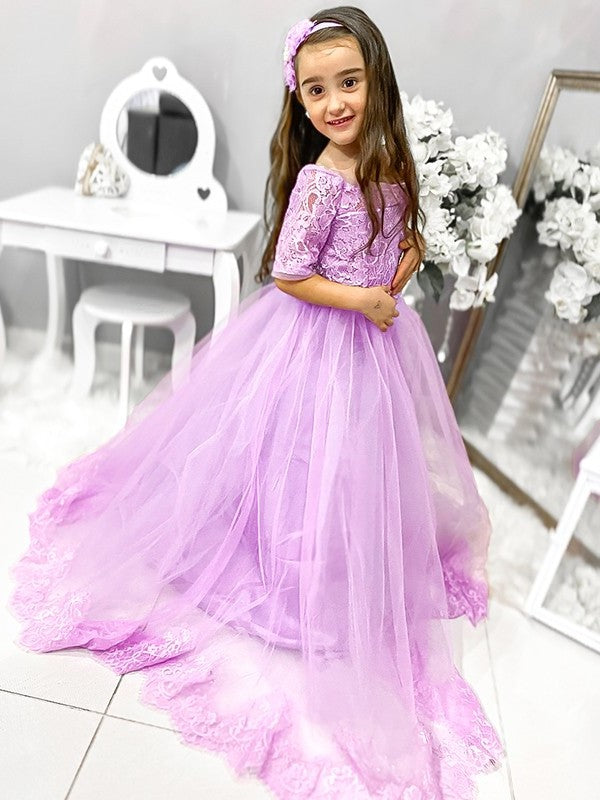 Tulle Sleeves Ball 1/2 Off-the-Shoulder Sweep/Brush Lace Gown Train Flower Girl Dresses