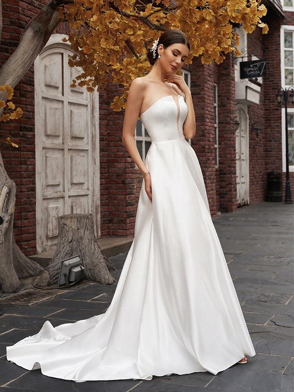 Strapless Satin A-Line/Princess Ruffles Sleeveless Sweep/Brush Train Wedding Dresses