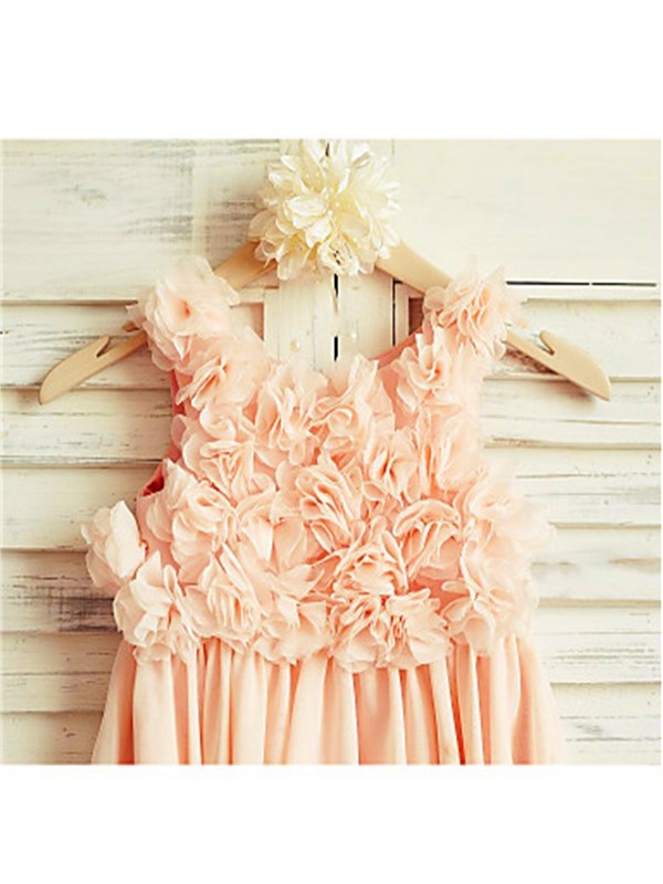 Tea-Length Chiffon A-line/Princess Sleeveless Ruched Straps Flower Girl Dresses