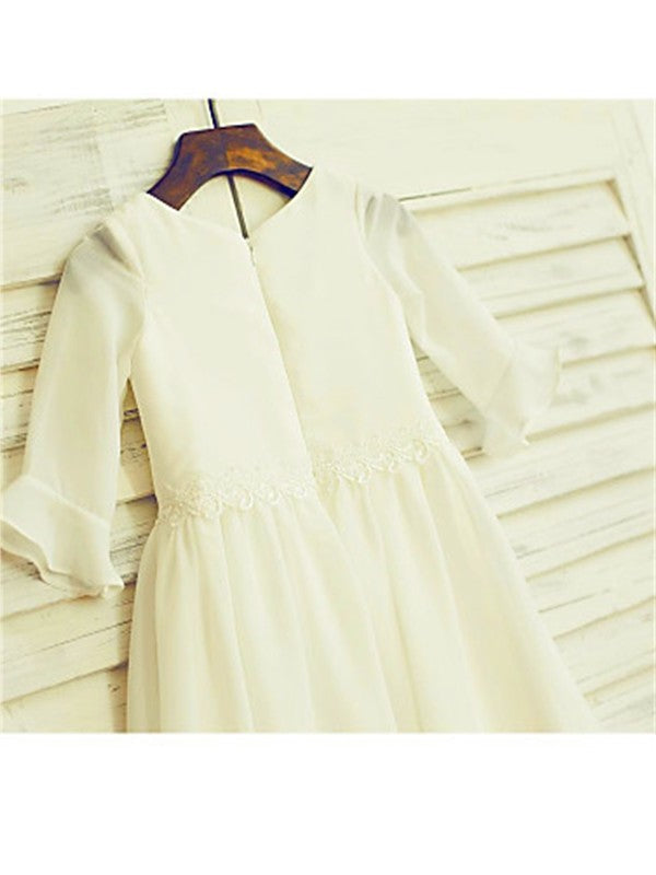 Ruffles Long Scoop Tea-Length A-line/Princess Sleeves Chiffon Flower Girl Dresses