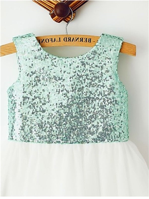 Tea-Length Sequin Scoop Sleeveless A-line/Princess Tulle Flower Girl Dresses