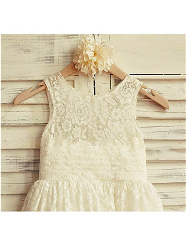 Tea-Length Lace Sleeveless A-line/Princess Scoop Ruffles Flower Girl Dresses