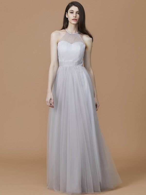 Halter Sleeveless Ruffles Floor-Length A-Line/Princess Tulle Bridesmaid Dresses