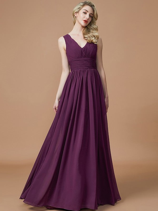 V-neck A-Line/Princess Floor-Length Sleeveless Chiffon Bridesmaid Dresses