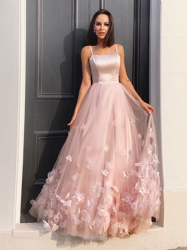 Flower A-Line/Princess Hand-Made Straps Tulle Floor-Length Sleeveless Dresses