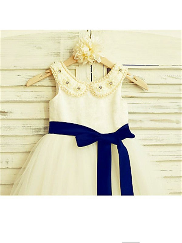 Scoop Tea-Length Bowknot A-line/Princess Sleeveless Tulle Flower Girl Dresses