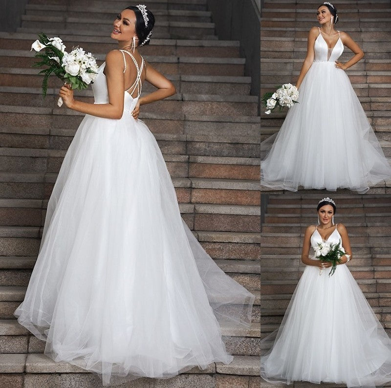 V-neck Sweep/Brush Ruffles Tulle Sleeveless A-Line/Princess Train Wedding Dresses