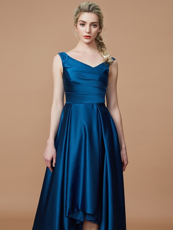 V-neck Asymmetrical A-Line/Princess Satin Sleeveless Bridesmaid Dresses