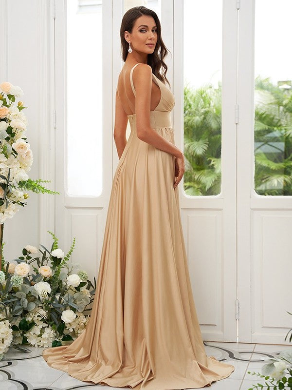 Sweep/Brush Ruffles Jersey A-Line/Princess Sleeveless V-neck Train Bridesmaid Dresses