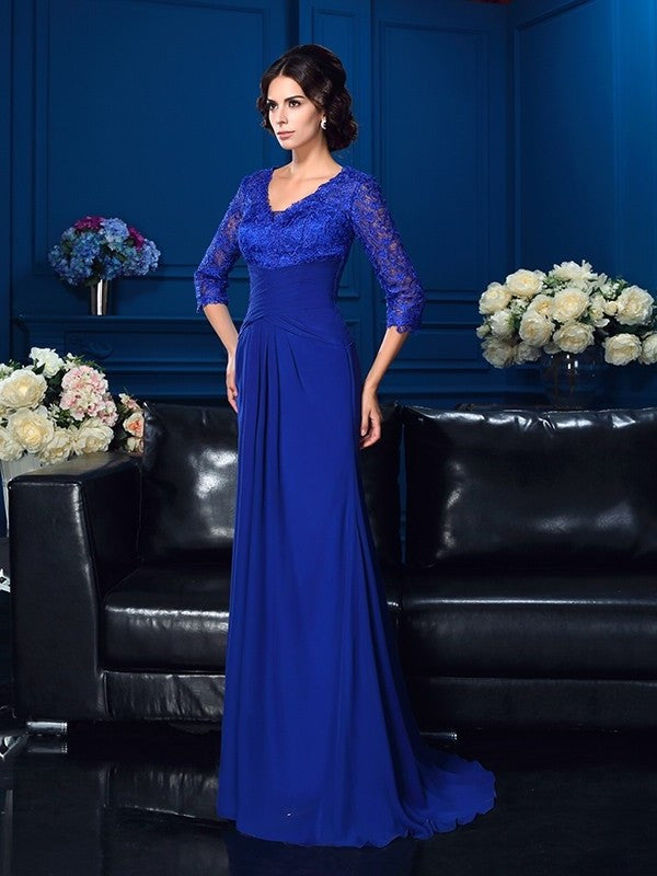 V-neck Sleeves Long Applique Chiffon A-Line/Princess of Mother 3/4 the Bride Dresses