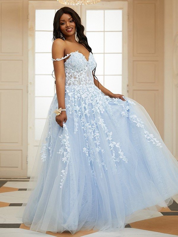 Sleeveless Off-the-Shoulder Tulle A-Line/Princess Applique Sweep/Brush Train Dresses