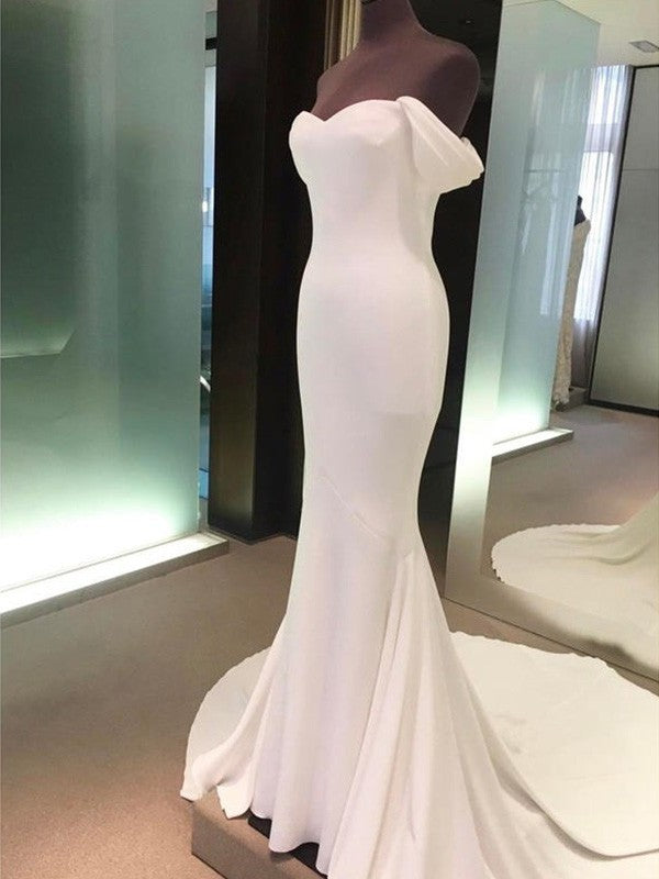 Short Sleeves Court Sheath/Column Off-the-Shoulder Train Spandex Wedding Dresses