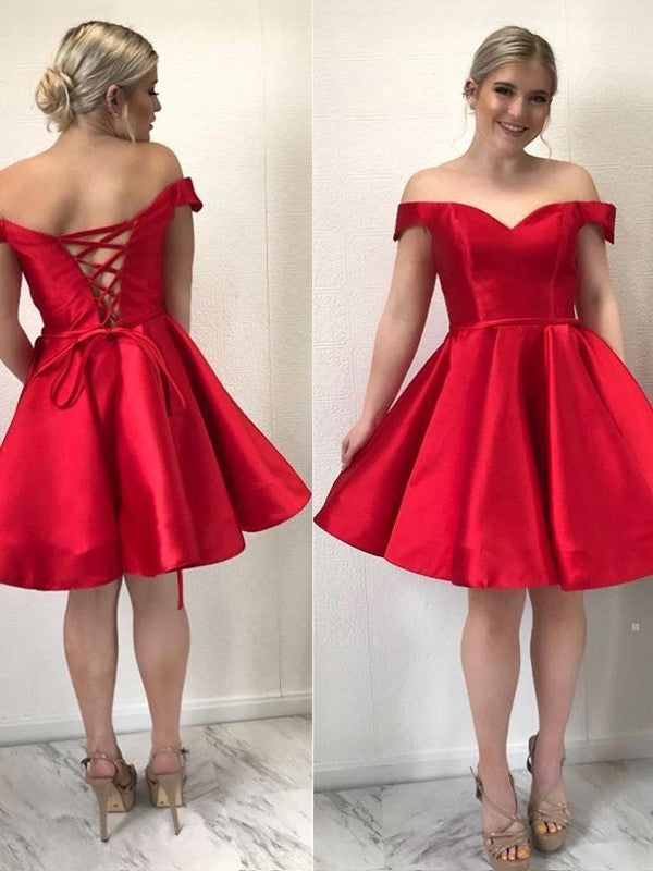 Satin A-Line/Princess Sleeveless Ruffles Off-the-Shoulder Short/Mini Homecoming Dress