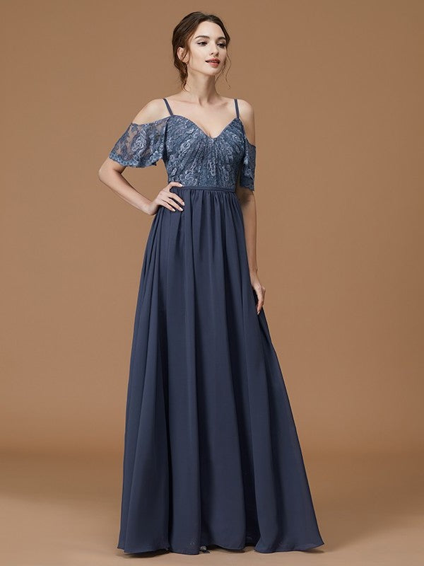 Straps Floor-Length A-Line/Princess Sleeveless Lace Spaghetti Chiffon Bridesmaid Dresses