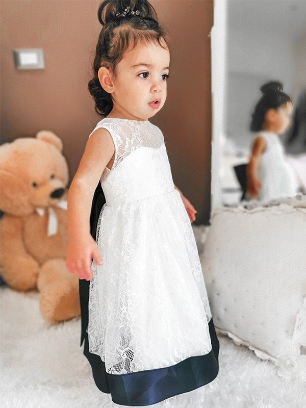 Scoop A-Line/Princess Bowknot Sleeveless Ankle-Length Lace Flower Girl Dresses