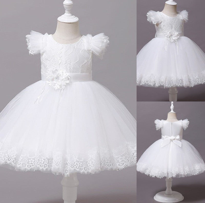 Sleeves Tea-Length Scoop Gown Ball Applique Tulle Short Flower Girl Dresses