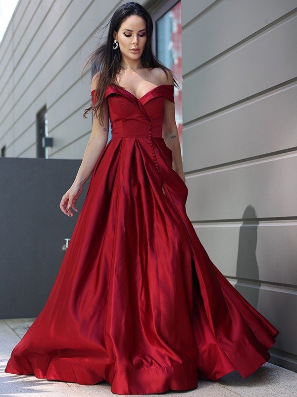 Satin Ruffles A-Line/Princess Sleeveless Off-the-Shoulder Sweep/Brush Train Dresses