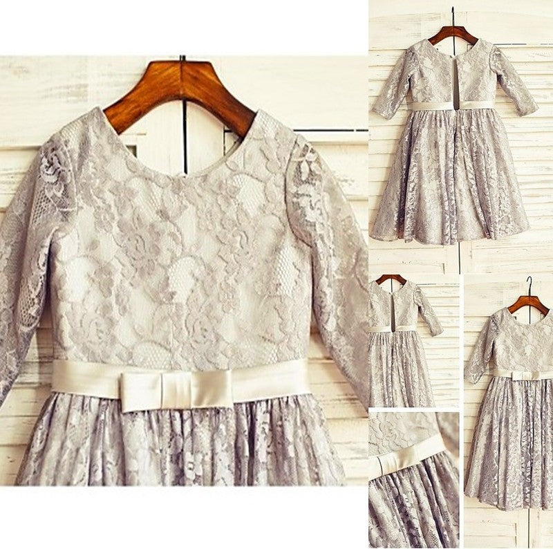 Lace A-line/Princess Scoop Sleeves Tea-Length 3/4 Flower Girl Dresses