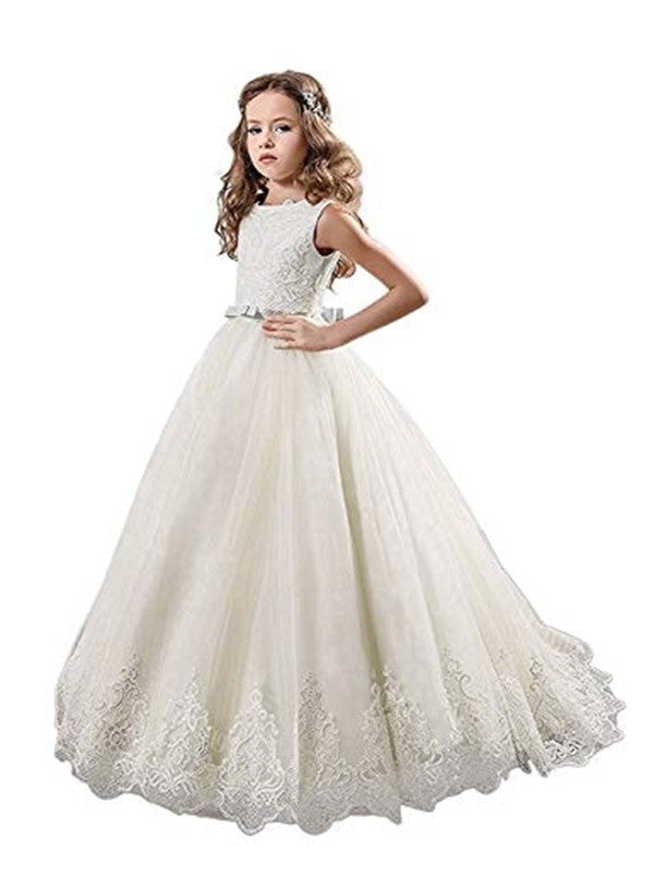 Tulle Gown Jewel Sweep/Brush Sleeveless Train Lace Ball Flower Girl Dresses