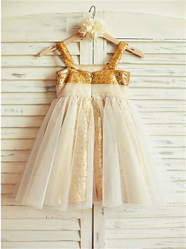 Sleeveless Straps Tea-Length A-line/Princess Spaghetti Ruffles Sequins Flower Girl Dresses