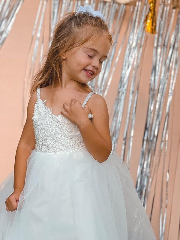 Lace Straps Gown Ball Sleeveless Floor-Length Tulle Flower Girl Dresses