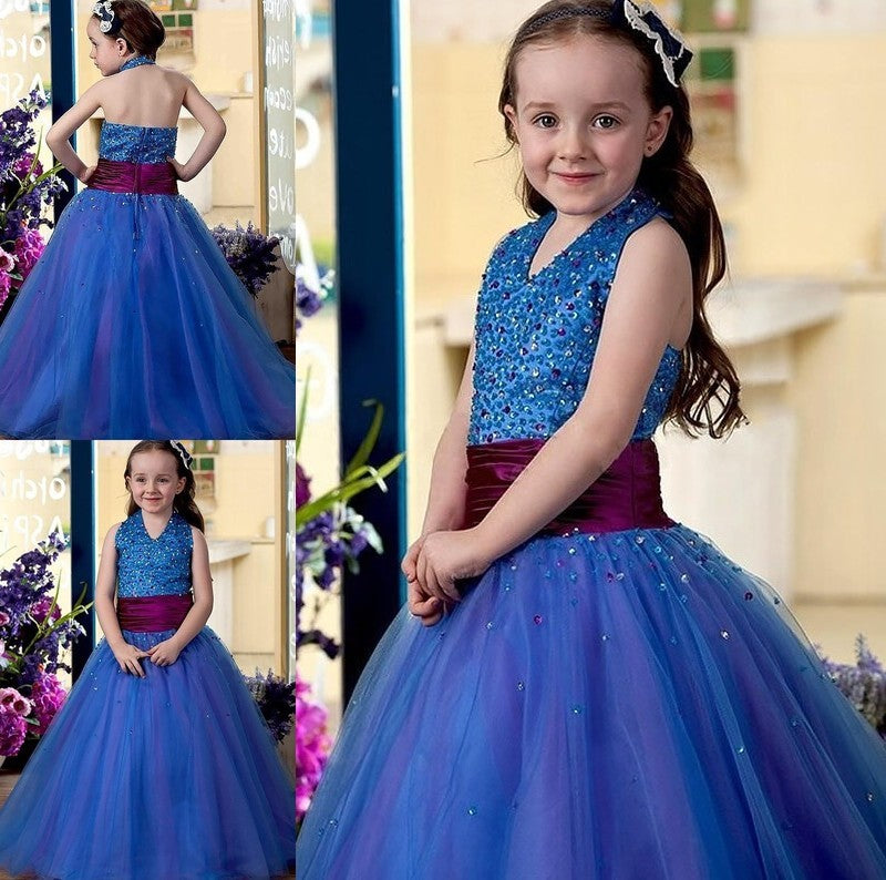 Ball Gown Halter Sequins Floor-Length Tulle Sleeveless Flower Girl Dresses